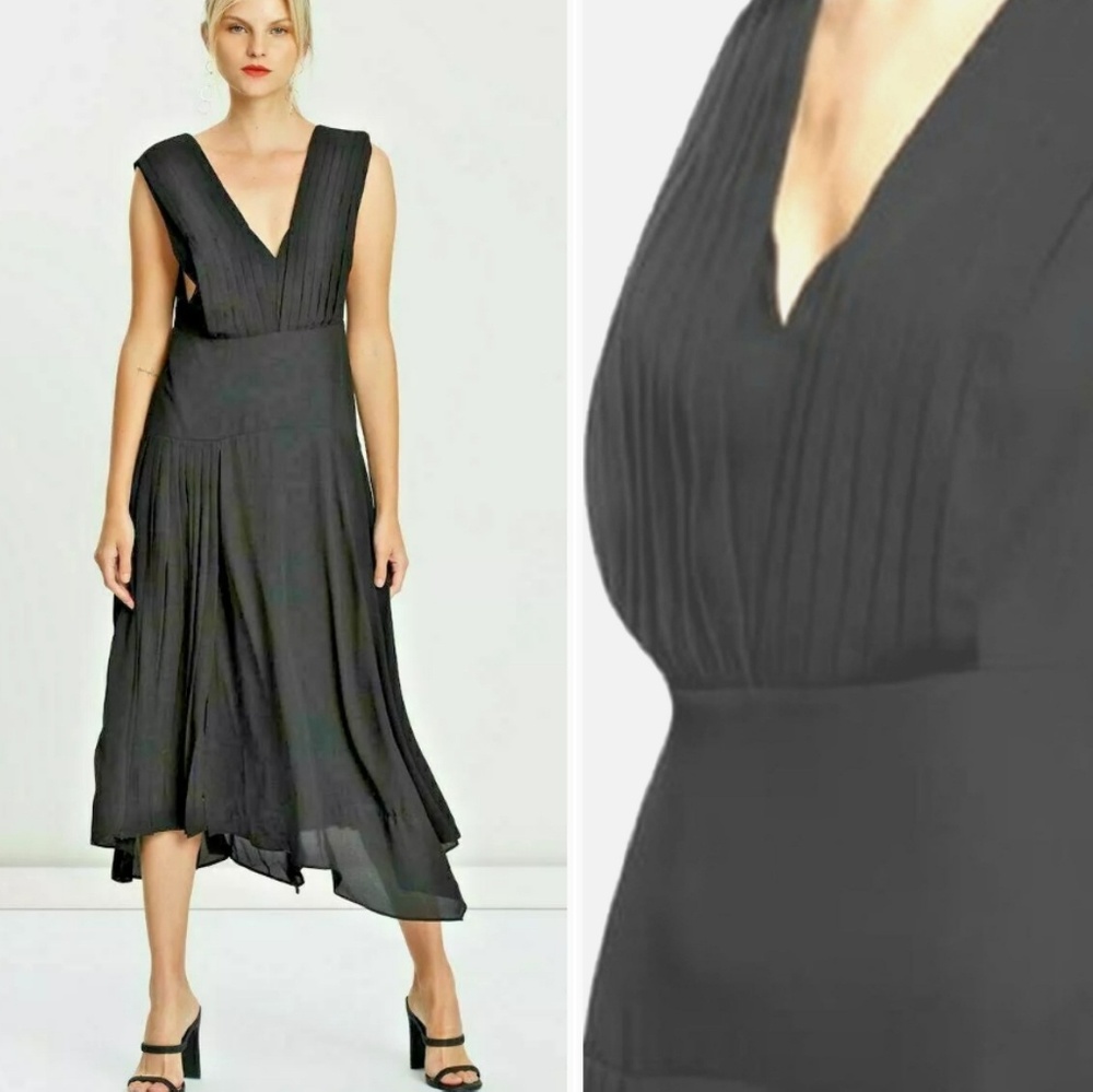 Topshop Pleated Plunge Pinafore Midi Black Dress